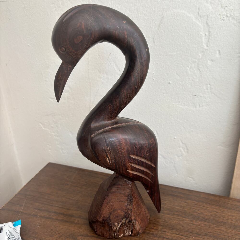 Vintage Hand Carved Iron Wood Statue Stork Crane Figurine Bird 11" MCM